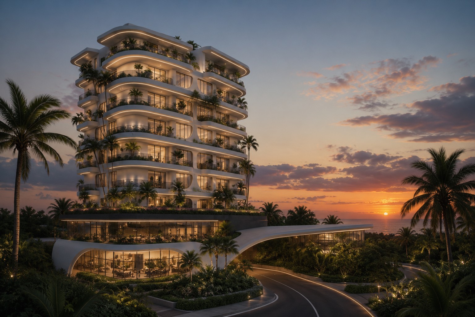 Coastal residential tower at sunset surrounded by palms